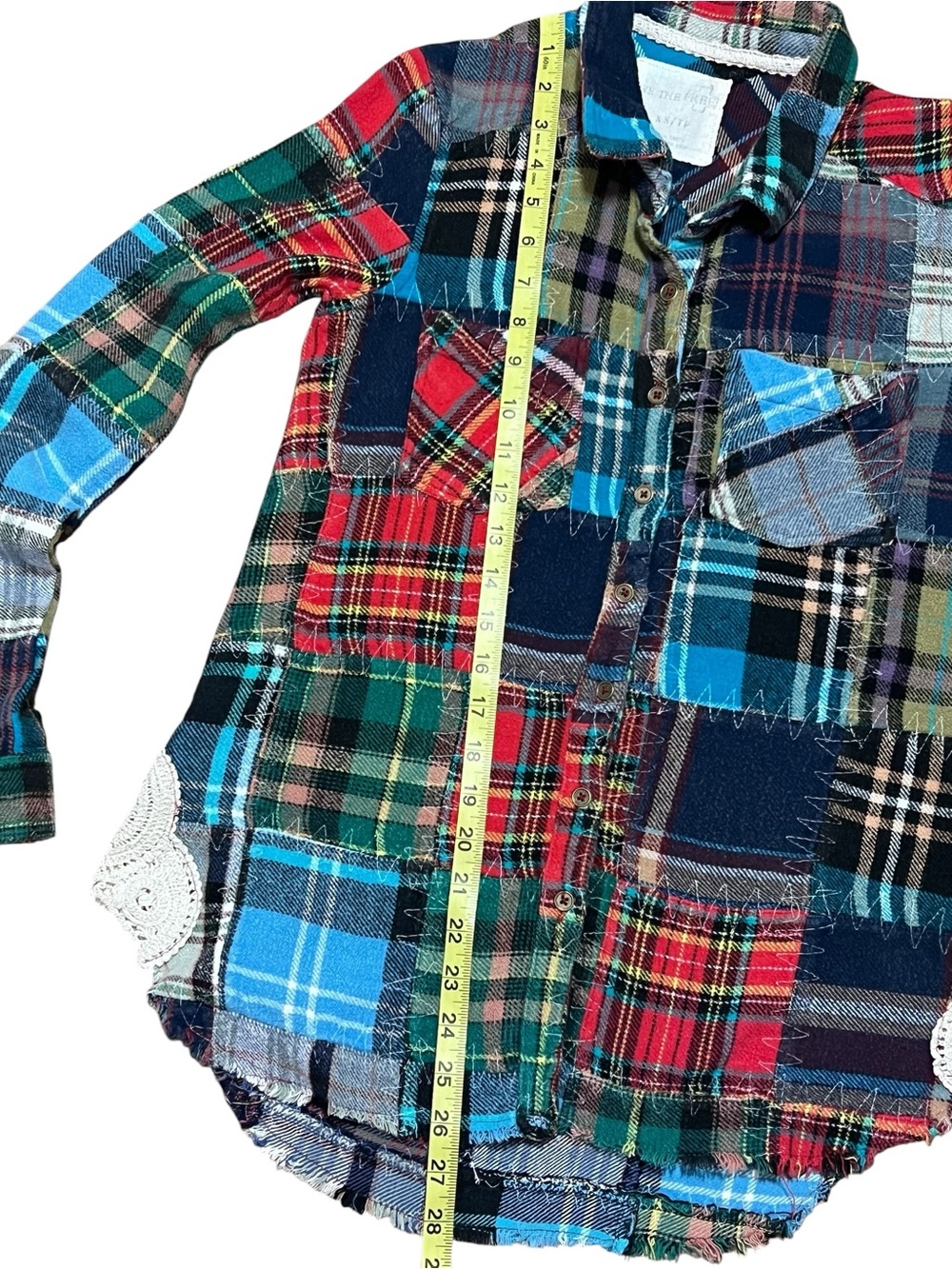 We The Free Flannel Patchwork Shirt XS Lost in Plaid Crochet Grunge Boho Frayed - Picture 12 of 16